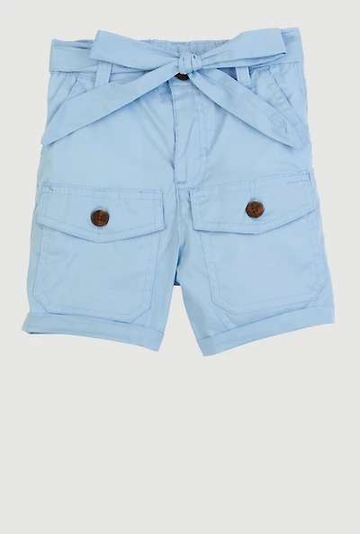Little Girls Tie Waist Belted Cargo Pocket Shorts, Blue, Size 4