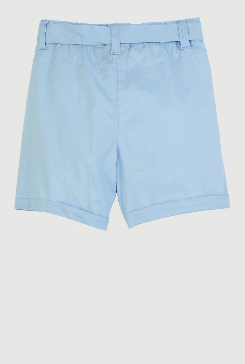 Little Girls Tie Waist Belted Cargo Pocket Shorts, Blue, Size 4