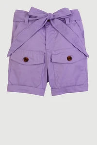 Little Girls Tie Waist Belted Cargo Pocket Shorts, Purple, Size 6X