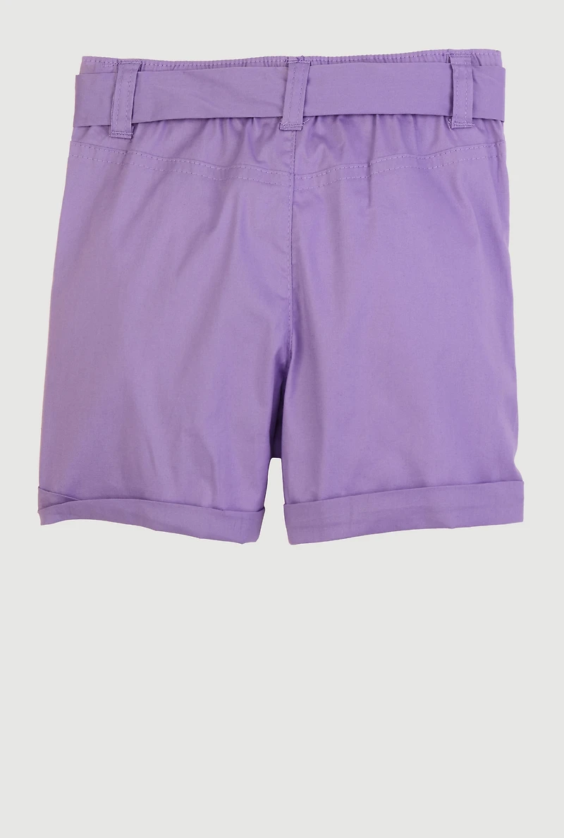 Little Girls Tie Waist Belted Cargo Pocket Shorts, Purple, Size 6X