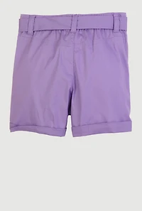 Little Girls Tie Waist Belted Cargo Pocket Shorts, Purple, Size 6X