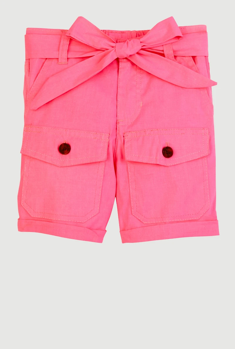 Little Girls Tie Waist Belted Cargo Pocket Shorts, Pink, Size 6