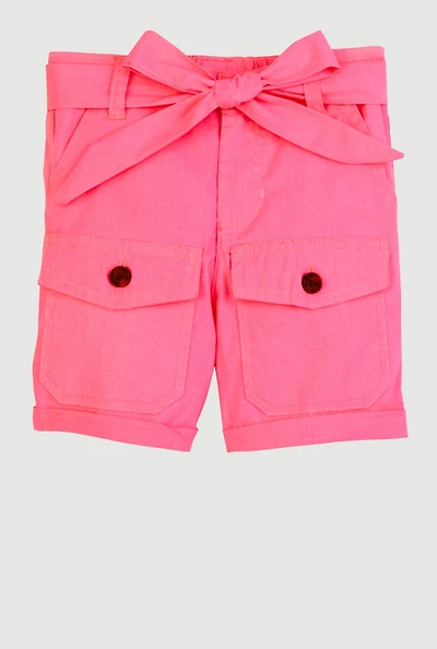 Little Girls Tie Waist Belted Cargo Pocket Shorts, Pink, Size 6