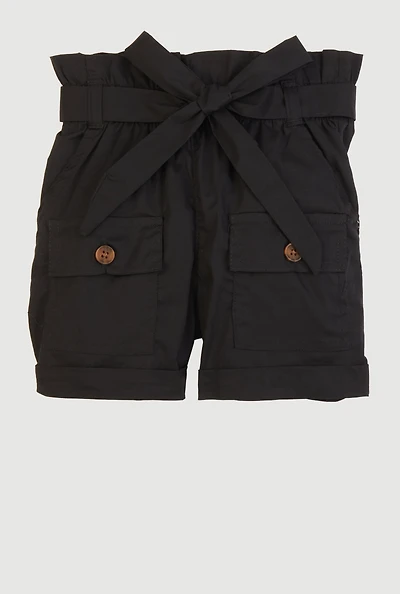 Little Girls Paper Bag Waist Cargo Pocket Shorts,