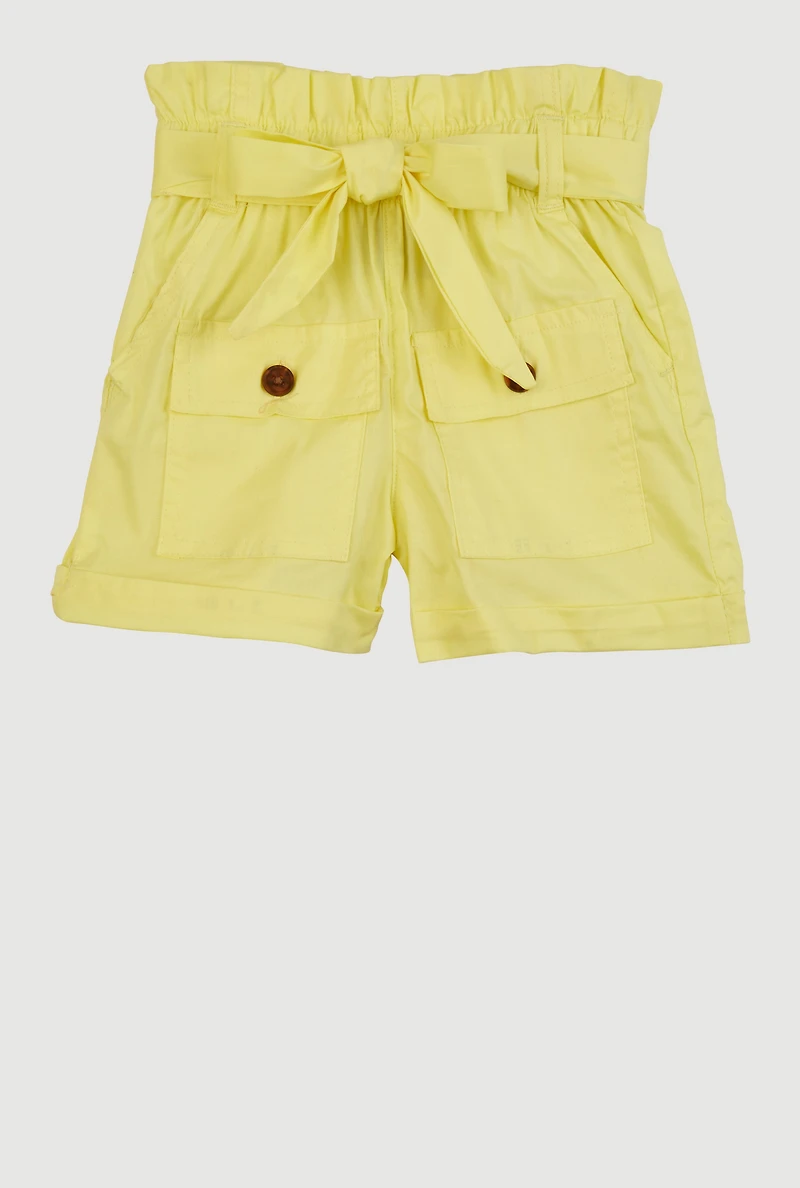 Little Girls Paper Bag Waist Cargo Pocket Shorts, Yellow,