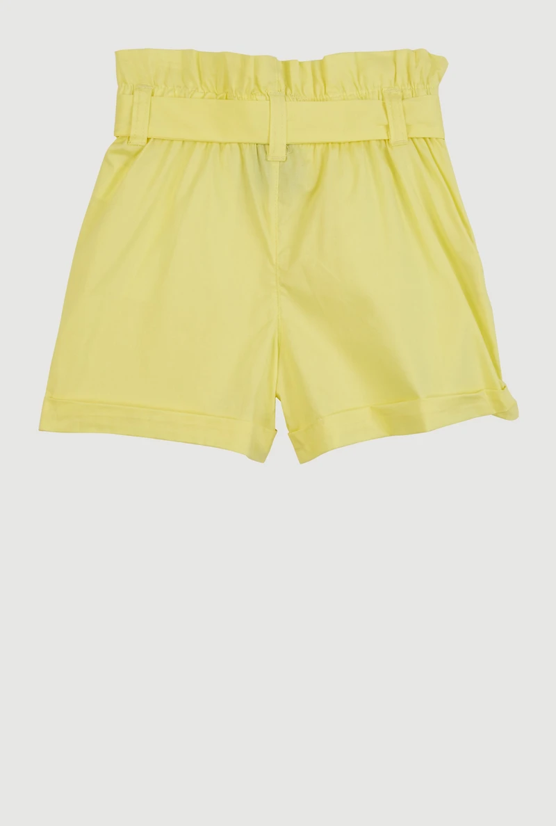 Little Girls Paper Bag Waist Cargo Pocket Shorts, Yellow,