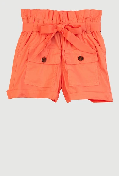 Little Girls Paper Bag Waist Cargo Pocket Shorts, Orange, Size 6