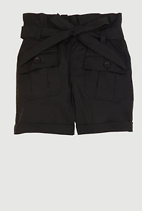 Little Girls Paper Bag Waist Cargo Shorts, Black, Size 5