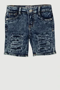 Little Girls Frayed Slashed Bermuda Denim Shorts, Blue, Size 6