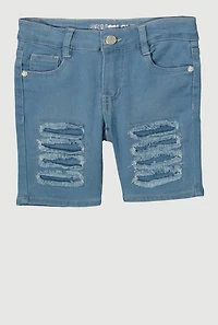 Little Girls Frayed Slashed Bermuda Denim Shorts, Blue,