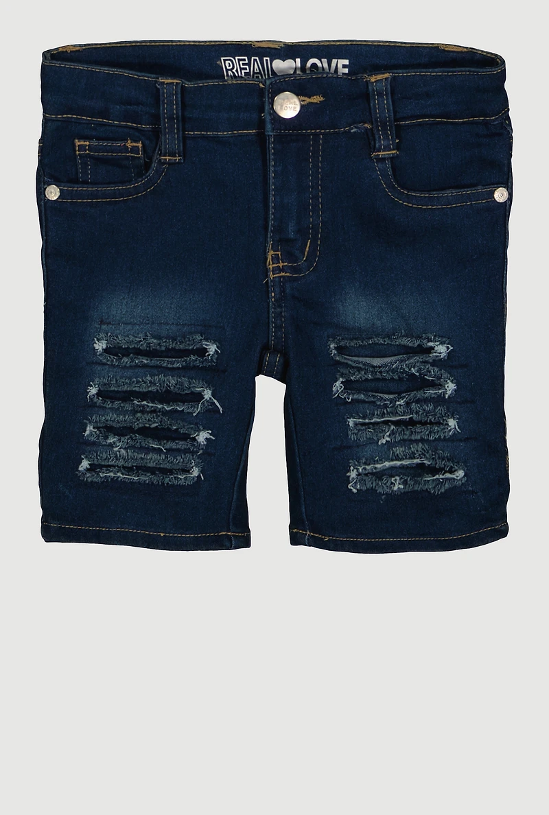 Little Girls Frayed Slashed Bermuda Denim Shorts, Blue,