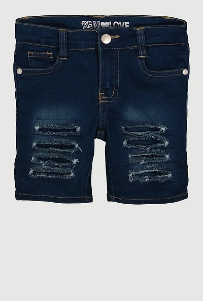 Little Girls Frayed Slashed Bermuda Denim Shorts, Blue,