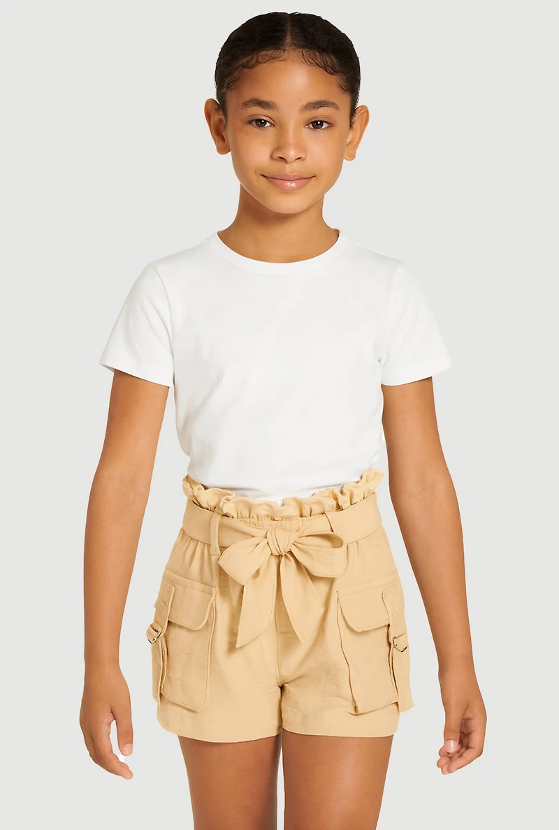 Girls Cargo Pocket Paper Bag Waist Shorts, Khaki, Size 12