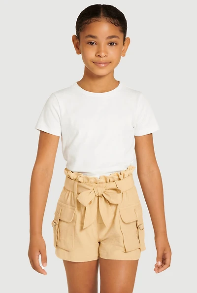 Girls Cargo Pocket Paper Bag Waist Shorts, Khaki, Size 12