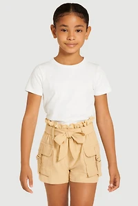 Girls Cargo Pocket Paper Bag Waist Shorts, Khaki, Size 12