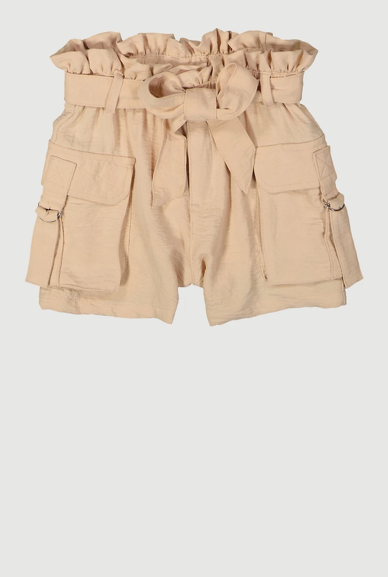 Girls Cargo Pocket Paper Bag Waist Shorts, Khaki, Size 12