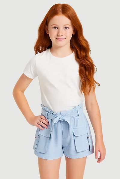 Girls Cargo Pocket Paper Bag Waist Shorts,