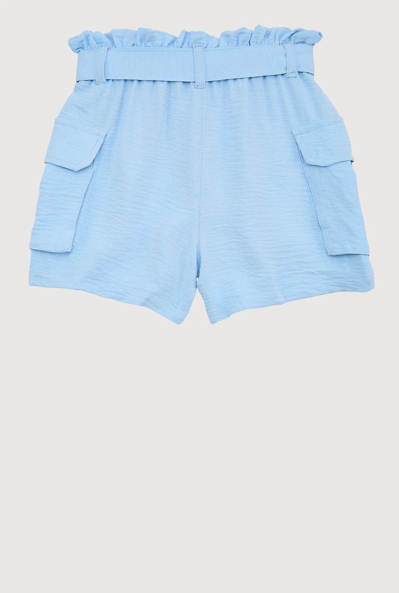 Girls Cargo Pocket Paper Bag Waist Shorts, Blue,