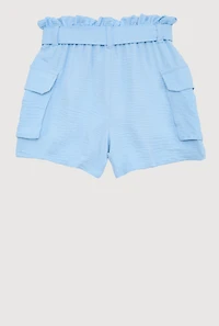 Girls Cargo Pocket Paper Bag Waist Shorts, Blue,