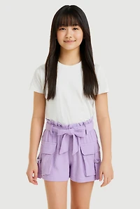 Girls Cargo Pocket Paper Bag Waist Shorts, Purple, Size 12