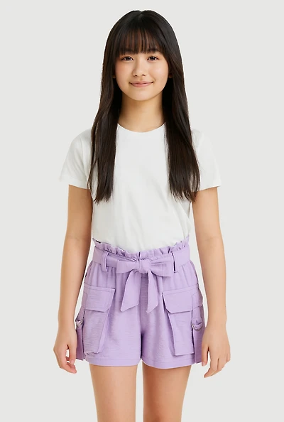 Girls Cargo Pocket Paper Bag Waist Shorts, Purple, Size 12