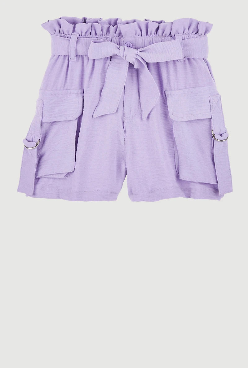 Girls Cargo Pocket Paper Bag Waist Shorts, Purple, Size 12