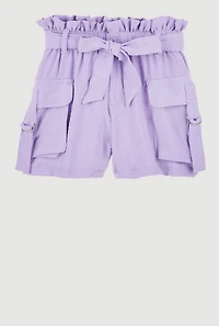 Girls Cargo Pocket Paper Bag Waist Shorts, Purple, Size 12
