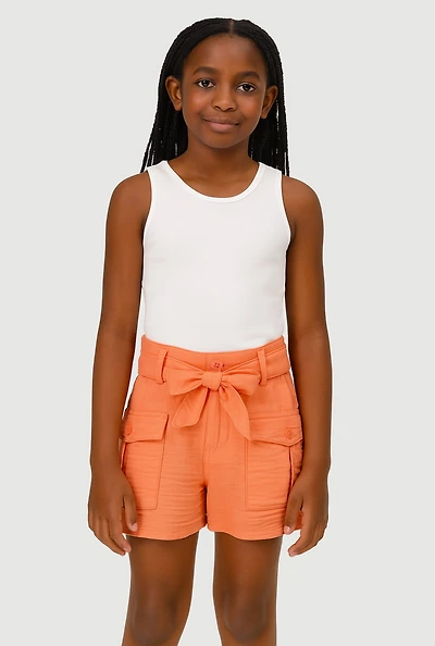 Girls Tie Waist Belt Cargo Shorts, Orange,