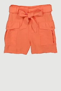 Girls Tie Waist Belt Cargo Shorts,