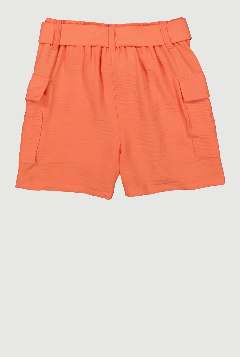 Girls Tie Waist Belt Cargo Shorts,