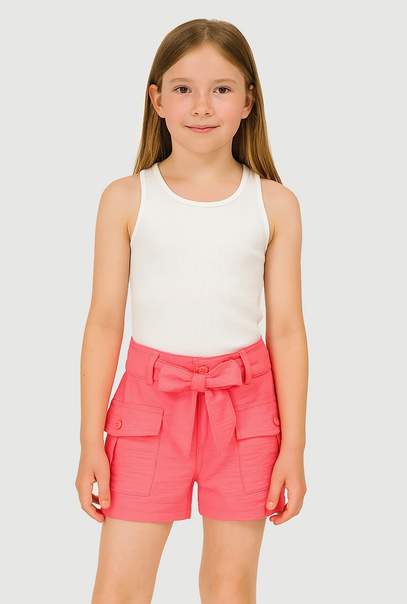 Girls Tie Waist Belt Cargo Shorts, Pink, Size 7-8
