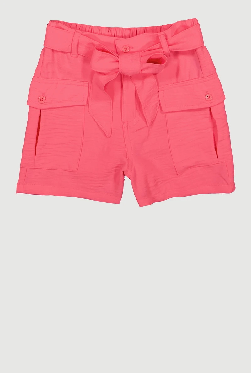 Girls Tie Waist Belt Cargo Shorts, Pink, Size 7-8
