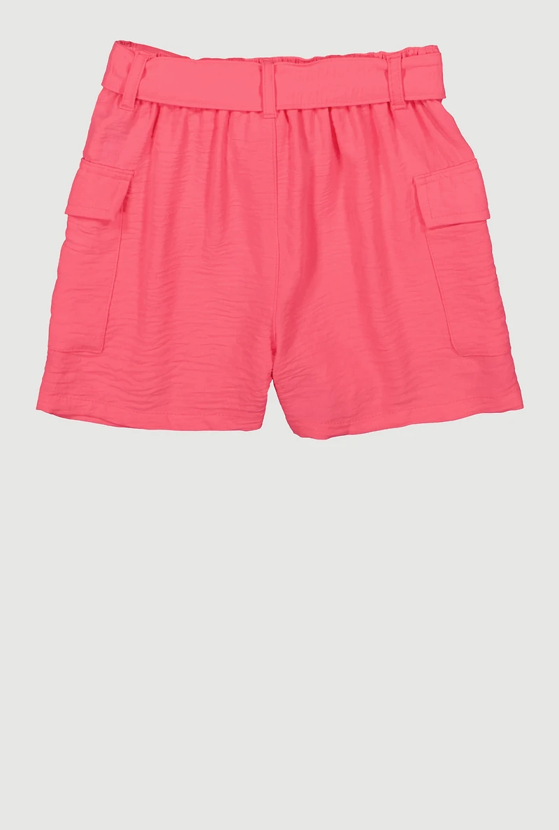 Girls Tie Waist Belt Cargo Shorts, Pink, Size 7-8