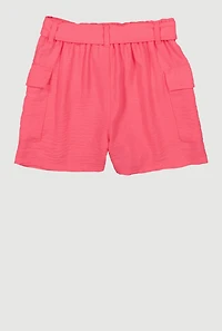 Girls Tie Waist Belt Cargo Shorts, Pink, Size 7-8