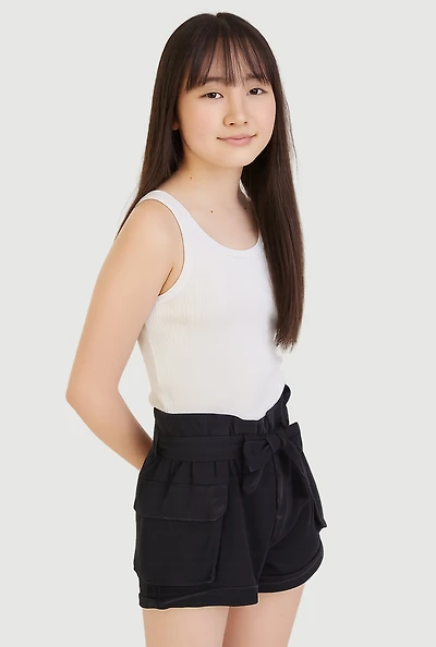Girls Mineral Wash Paper Bag Waist Cargo Shorts,