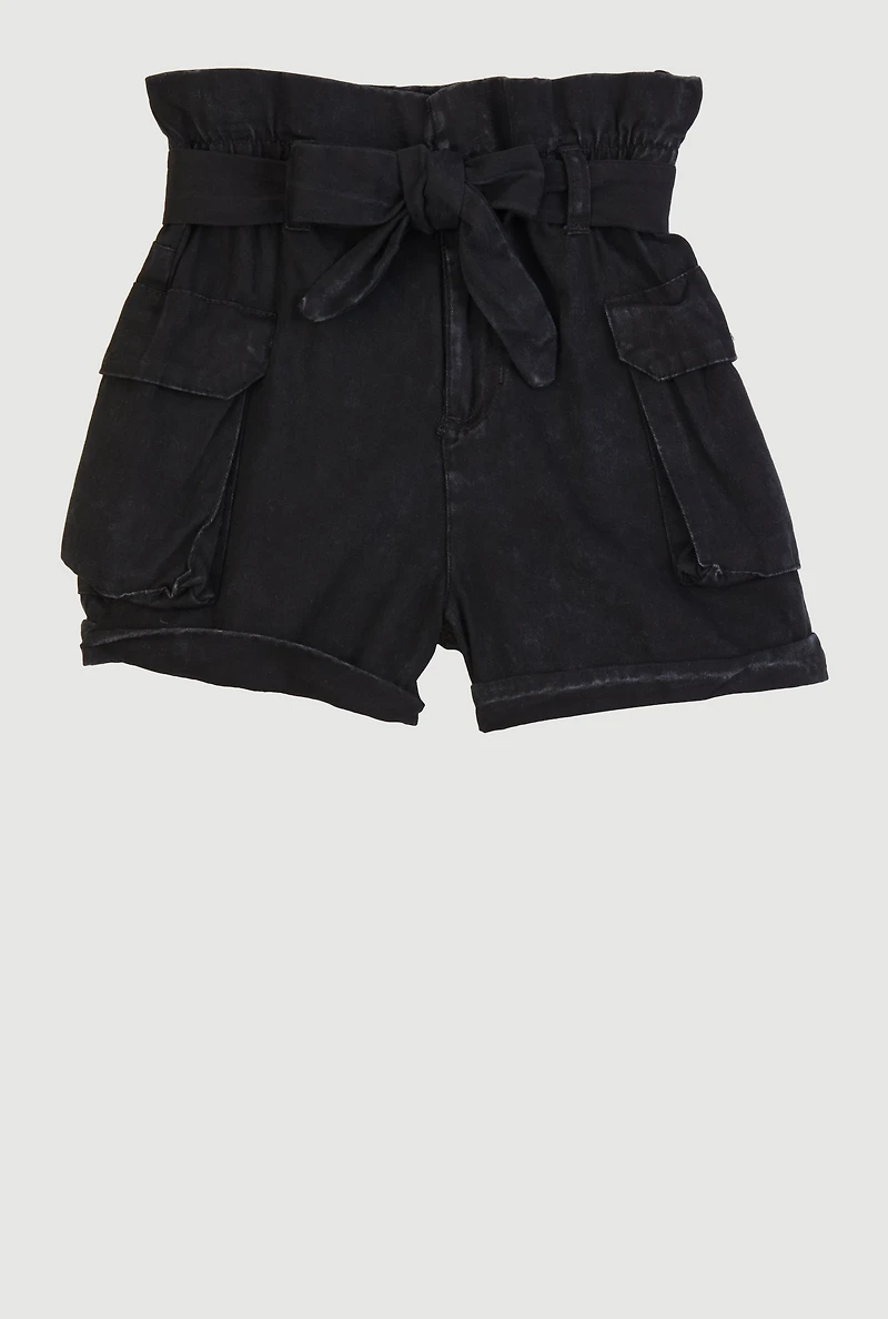 Girls Mineral Wash Paper Bag Waist Cargo Shorts,
