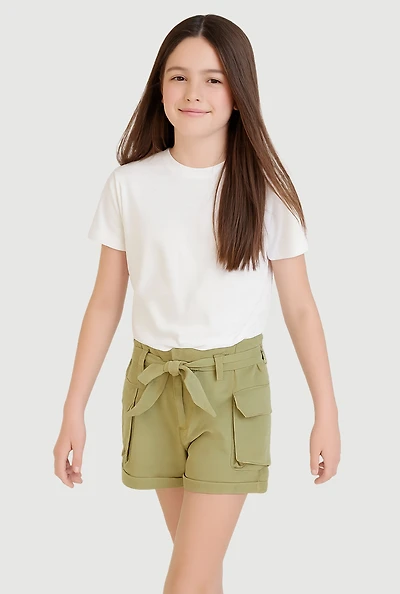 Girls Mineral Wash Paper Bag Waist Cargo Shorts, Green,