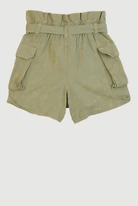 Girls Mineral Wash Paper Bag Waist Cargo Shorts, Green, Size 12