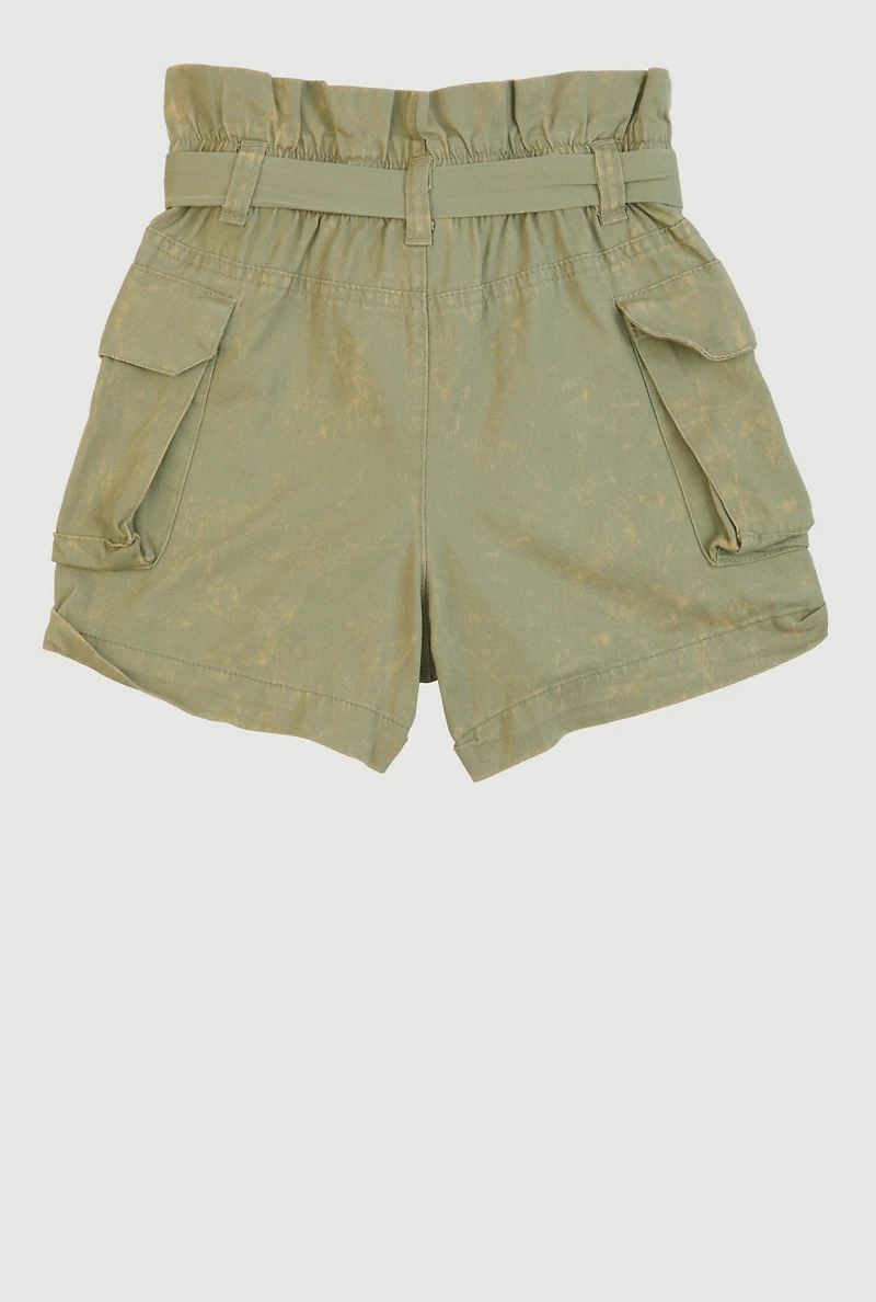 Girls Mineral Wash Paper Bag Waist Cargo Shorts, Green,