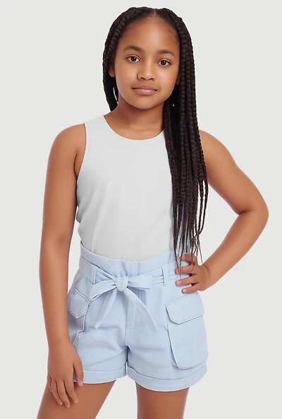 Girls Mineral Wash Paper Bag Waist Cargo Shorts,