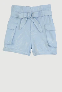 Girls Mineral Wash Paper Bag Waist Cargo Shorts, Blue,