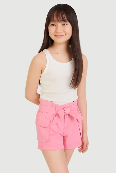 Girls Mineral Wash Paper Bag Waist Cargo Shorts, Pink, Size 14-16