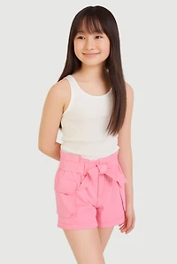 Girls Mineral Wash Paper Bag Waist Cargo Shorts, Pink, Size 7-8