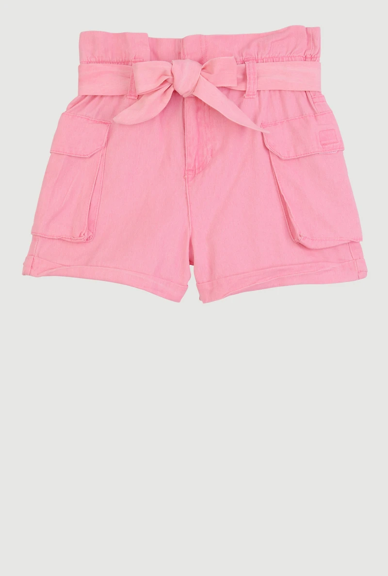 Girls Mineral Wash Paper Bag Waist Cargo Shorts, Pink,