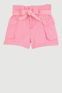 Girls Mineral Wash Paper Bag Waist Cargo Shorts, Pink,