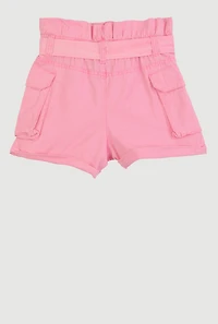 Girls Mineral Wash Paper Bag Waist Cargo Shorts, Pink, Size 10