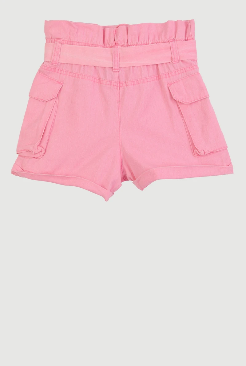 Girls Mineral Wash Paper Bag Waist Cargo Shorts, Pink,