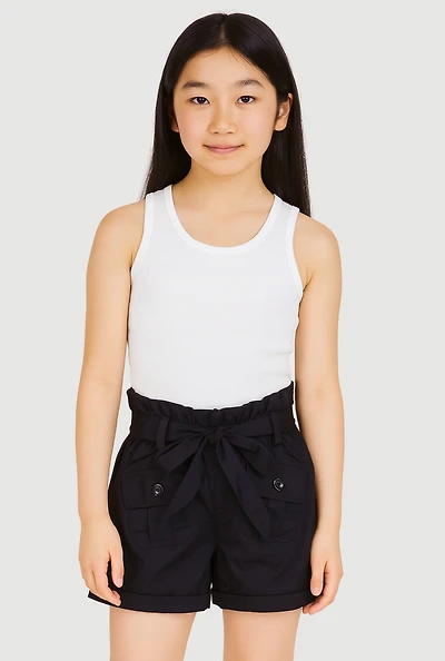 Girls Poplin Paper Bag Waist Cargo Shorts,