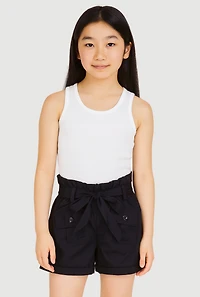 Girls Poplin Paper Bag Waist Cargo Shorts,