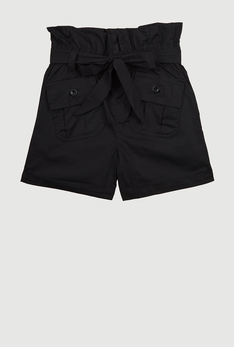 Girls Poplin Paper Bag Waist Cargo Shorts,